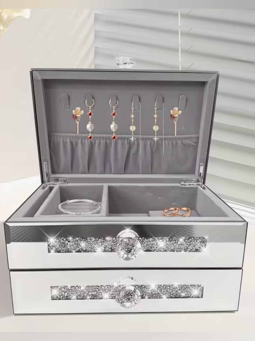 Silver Mirrored Jewelry Box with Crystal Accents - NEW
